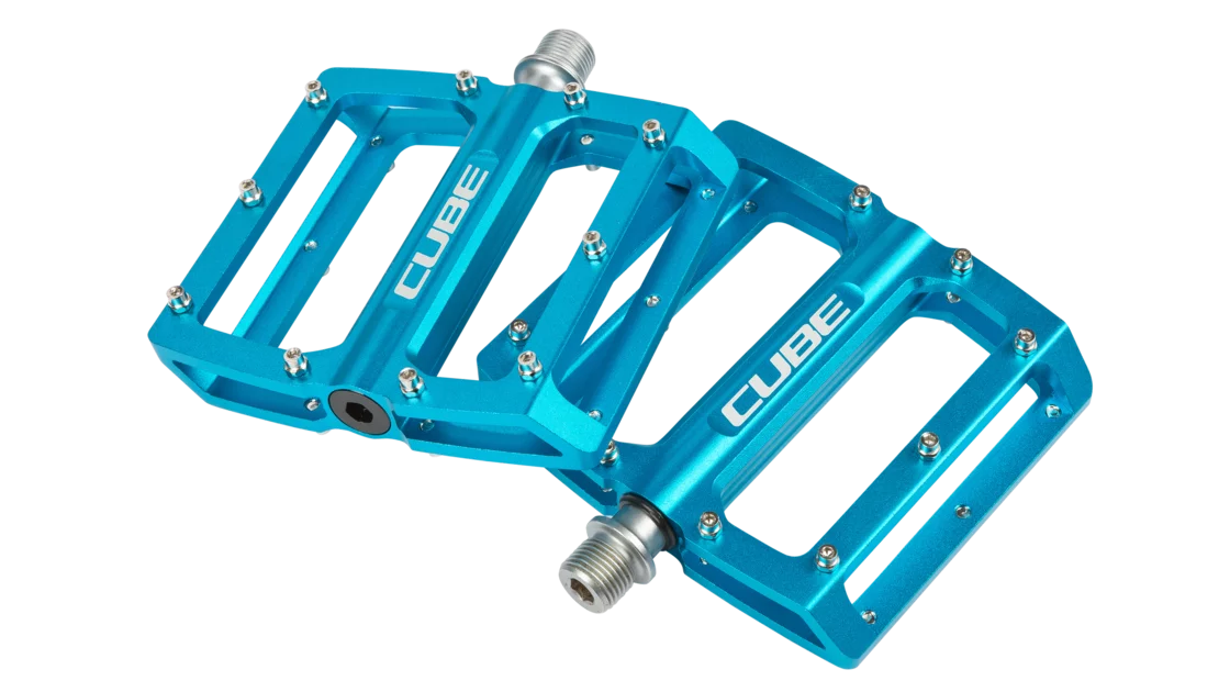 Pair of bright blue Cube bicycle pedals. © Pending System GmbH&Co. KG