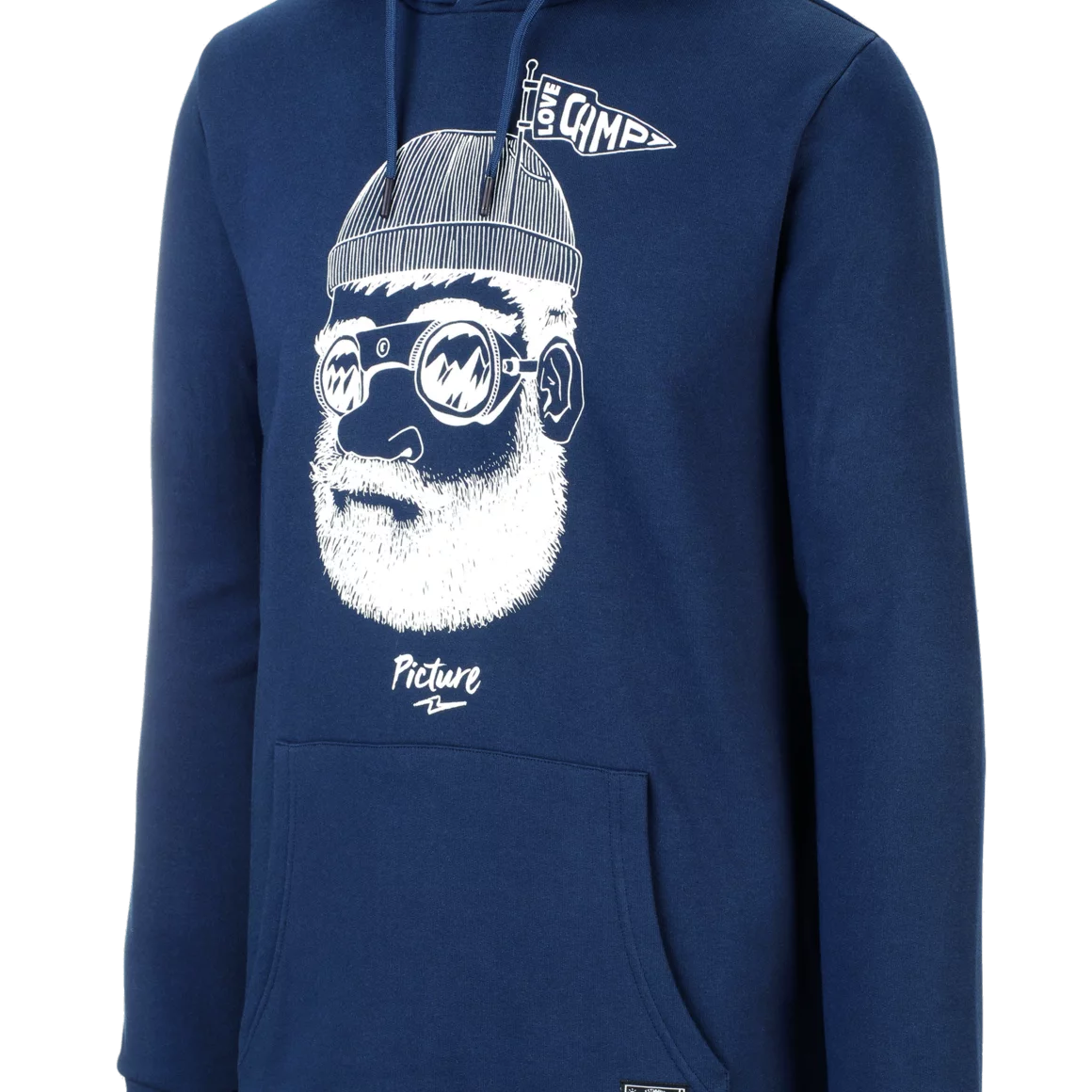 Navy blue hoodie with a white graphic of a bearded man wearing a beanie and goggles, a pennant that says 