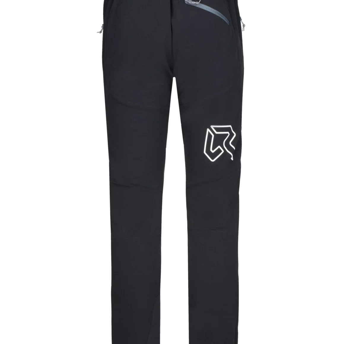 Black softshell pants with zippered pockets and reflective logo. © Rock Experience