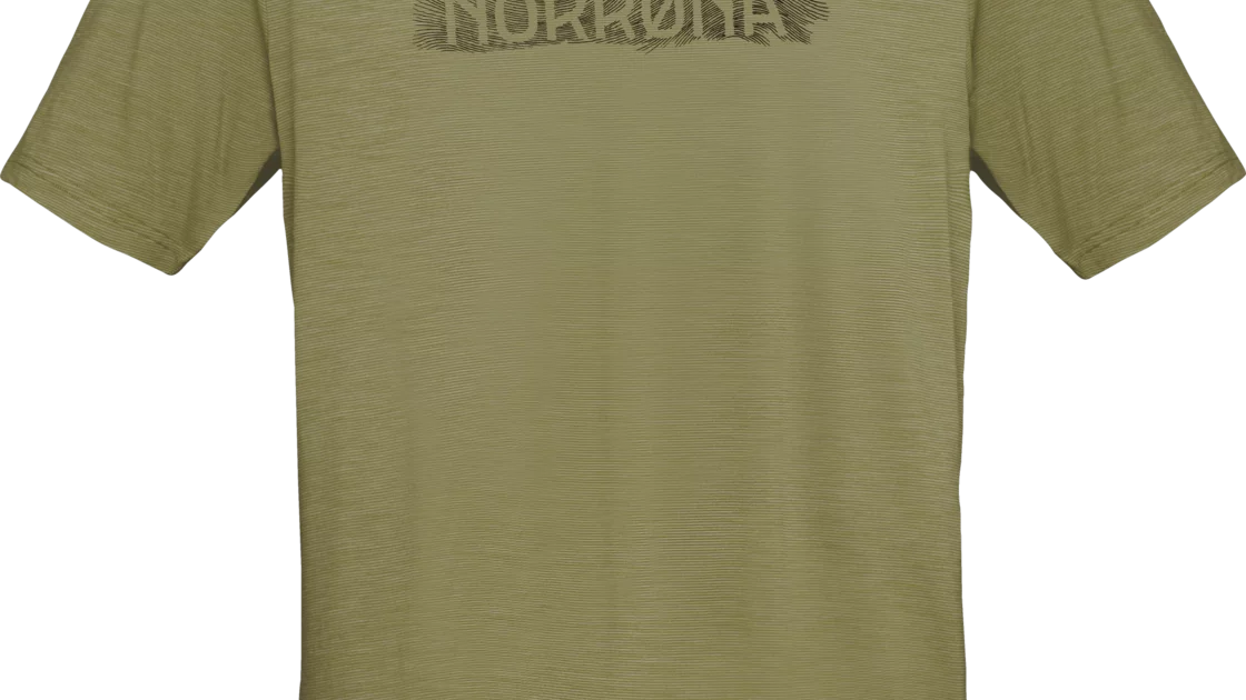 Olive green Norrøna t-shirt with a minimalist mountain range graphic and logo. © Norrøna