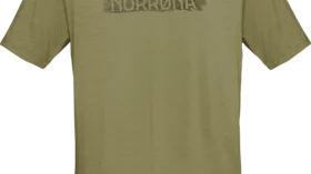 Olive green Norrøna t-shirt with a minimalist mountain range graphic and logo. © Norrøna