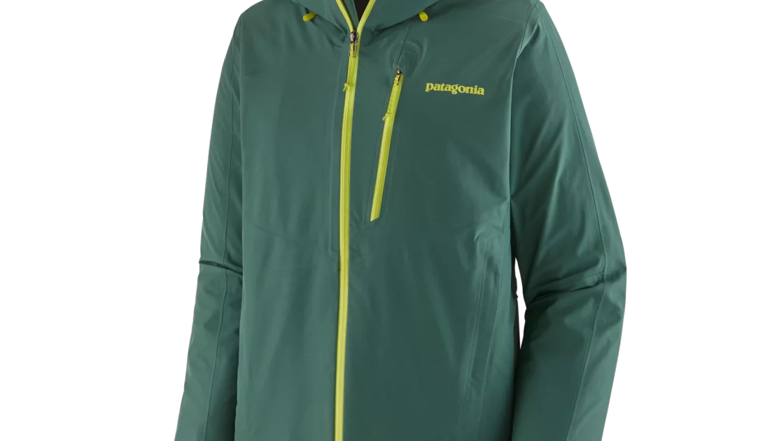 Patagonia men's ski jacket in forest green with lime green zipper. © Patagonia, Inc.