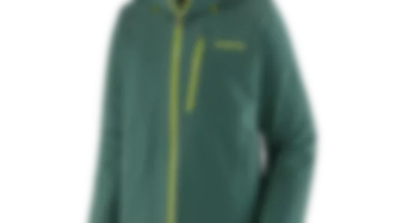 Patagonia men's ski jacket in forest green with lime green zipper. © Patagonia, Inc.