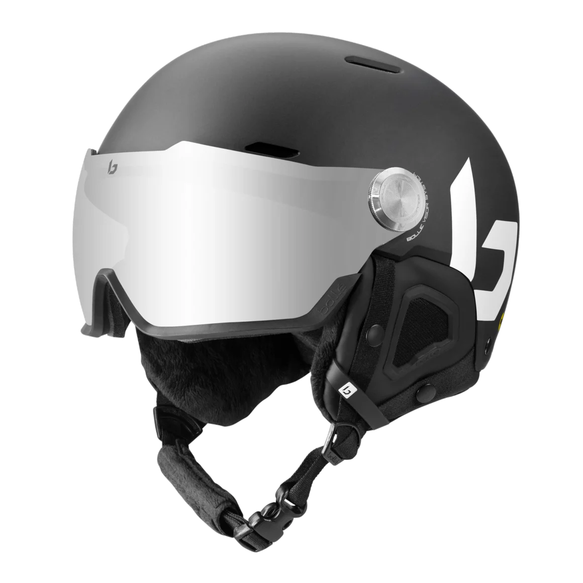 Black Bollé ski helmet with integrated visor. © Bollé Brands UK Ltd