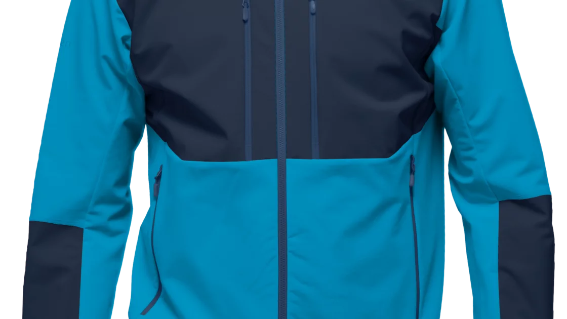 Men's Norrøna Falketind Gore-Tex Insulated Jacket in blue and navy. © Norrøna