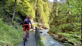 Mountain biker on a scenic trail alongside a river. © Walser BikeTours