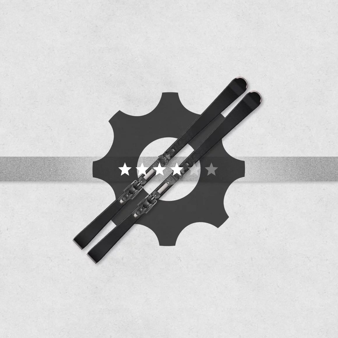 Pair of black skis with bindings, displayed over a gear icon with four stars. © Sport Kessler GmbH
