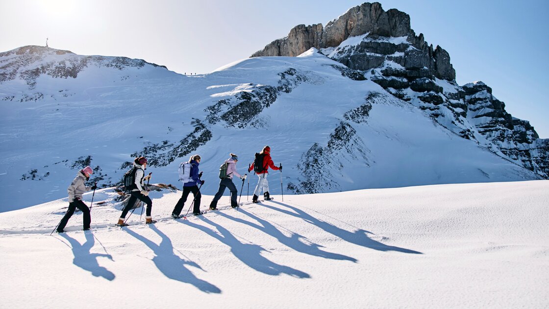 Vier Schneeschuhwanderer mit langen Schatten auf verschneiter Bergoberfläche. © Kleinwalsertal Tourismus eGen